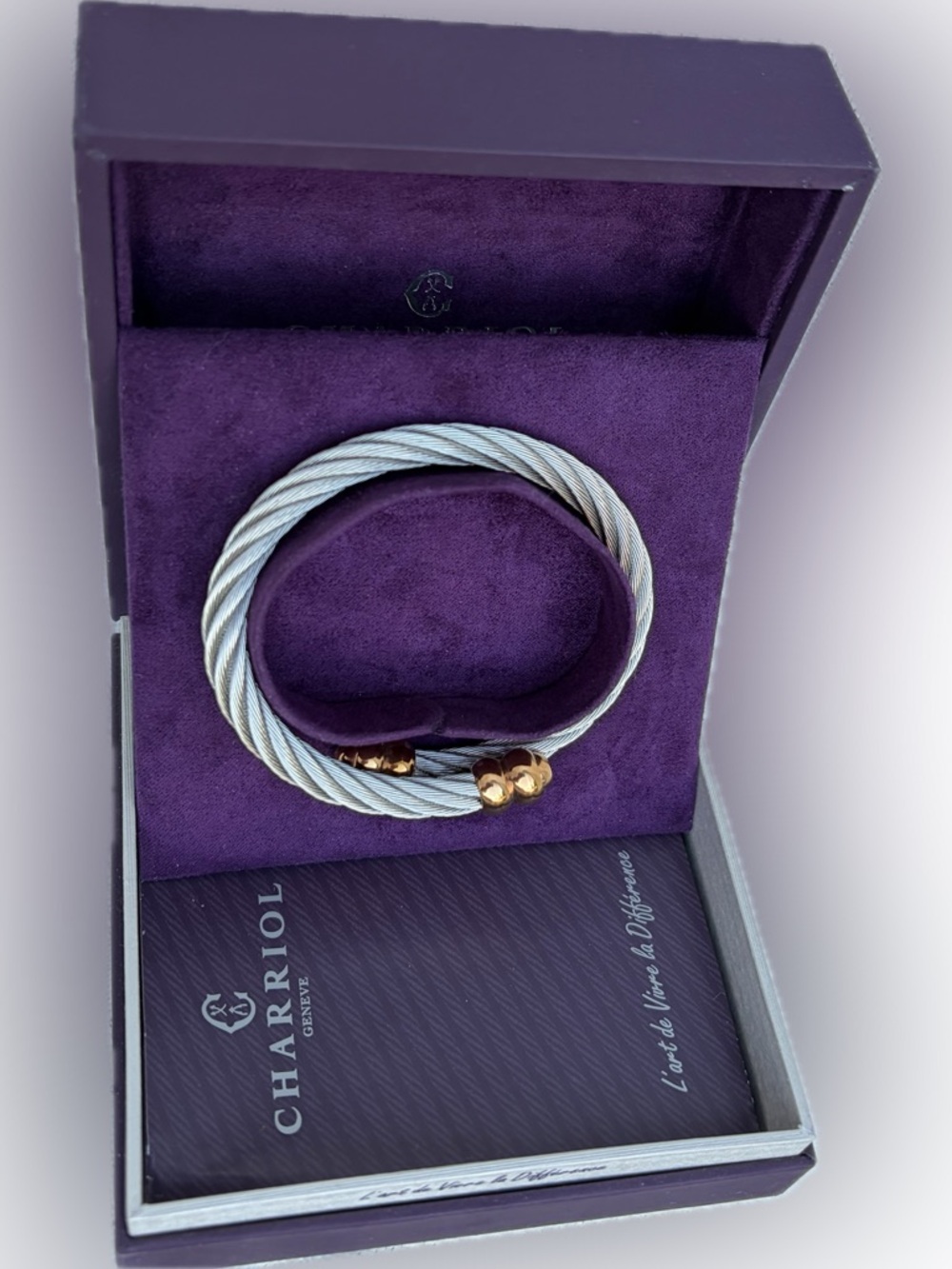 Charriol Twisted Steel Cable Bracelet with Gold tone Accents - Picture 2 of 2
